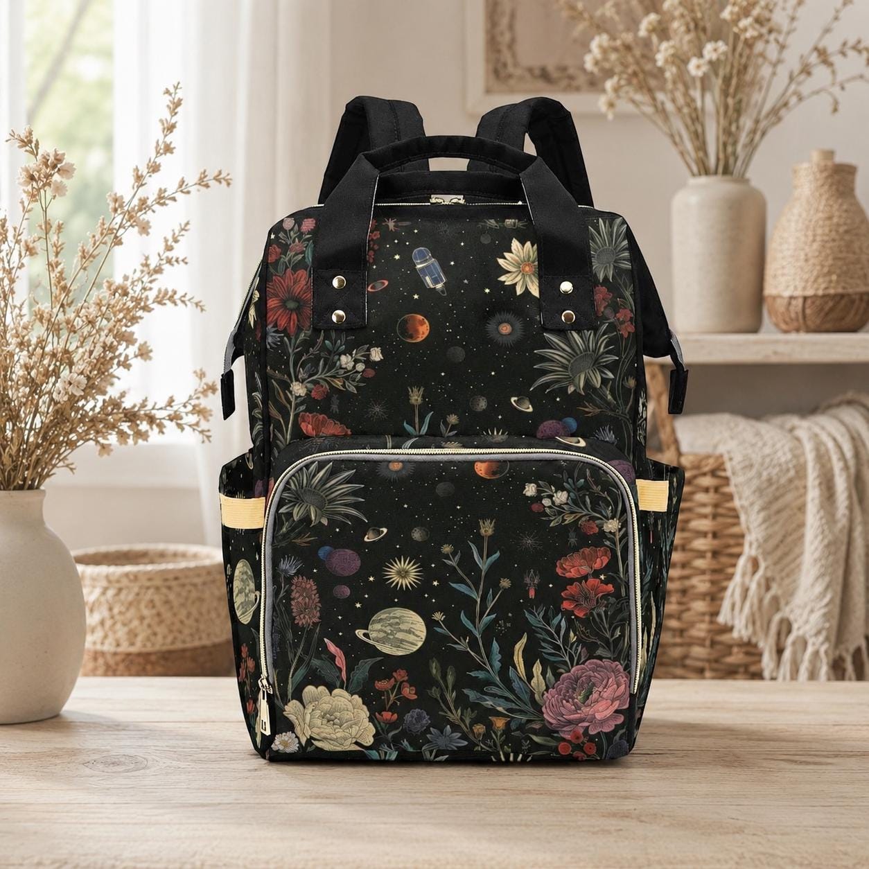 Floral Galaxy Diaper Backpack, Celestial Space Nursery Bag for Moms