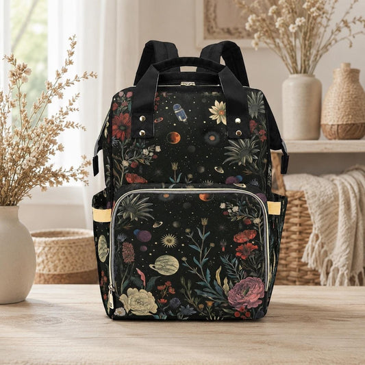 Floral Galaxy Diaper Backpack, Celestial Space Nursery Bag for Moms