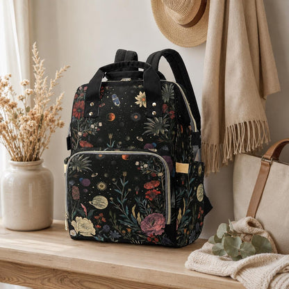 Floral Galaxy Diaper Backpack, Celestial Space Nursery Bag for Moms