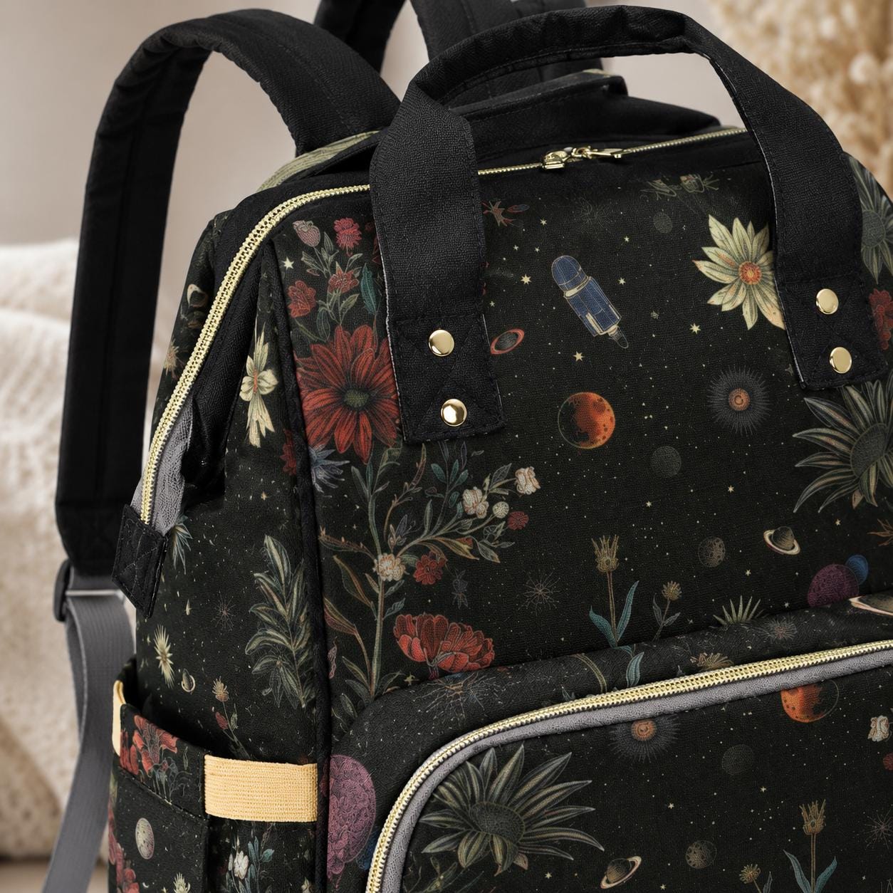 Floral Galaxy Diaper Backpack, Celestial Space Nursery Bag for Moms