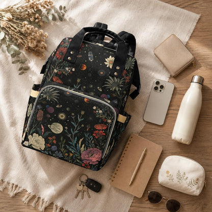 Floral Galaxy Diaper Backpack, Celestial Space Nursery Bag for Moms