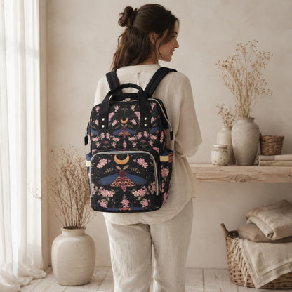 Moon Moth Diaper Backpack, Celestial Baby Bag, Boho Nursery Organizer