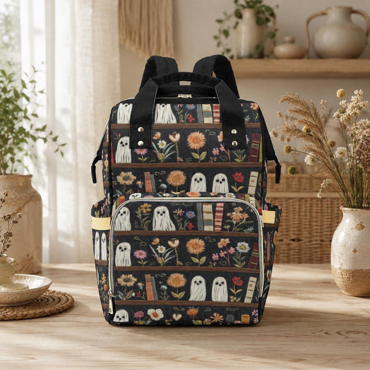 Ghost diaper bag backpack, spooky mom backpack, bookish baby travel bag