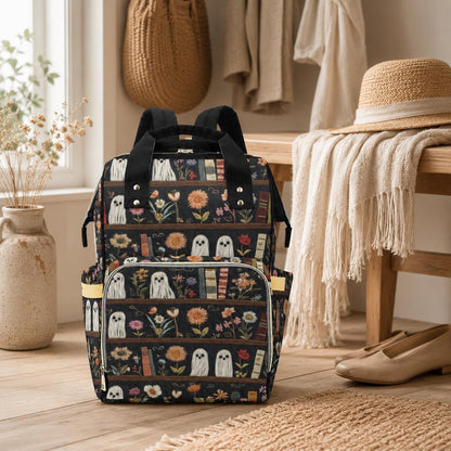 Ghost diaper bag backpack, spooky mom backpack, bookish baby travel bag