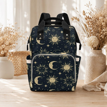 Celestial sun moon backpack, mystical diaper bag for moms, starry night travel tote