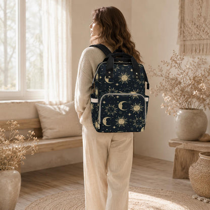 Celestial sun moon backpack, mystical diaper bag for moms, starry night travel tote