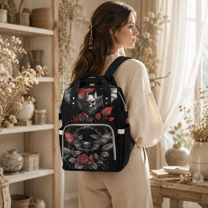 Bat Diaper Bag Backpack, Dark Rose Mom Bag, Nursery Travel Organizer