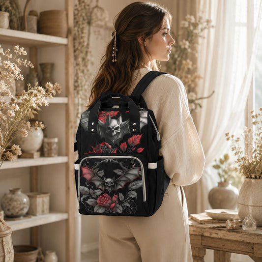 Bat Diaper Bag Backpack, Dark Rose Mom Bag, Nursery Travel Organizer