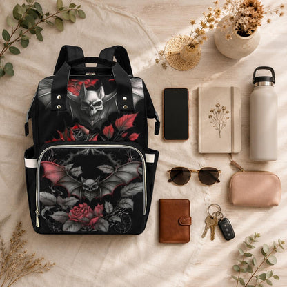 Bat Diaper Bag Backpack, Dark Rose Mom Bag, Nursery Travel Organizer