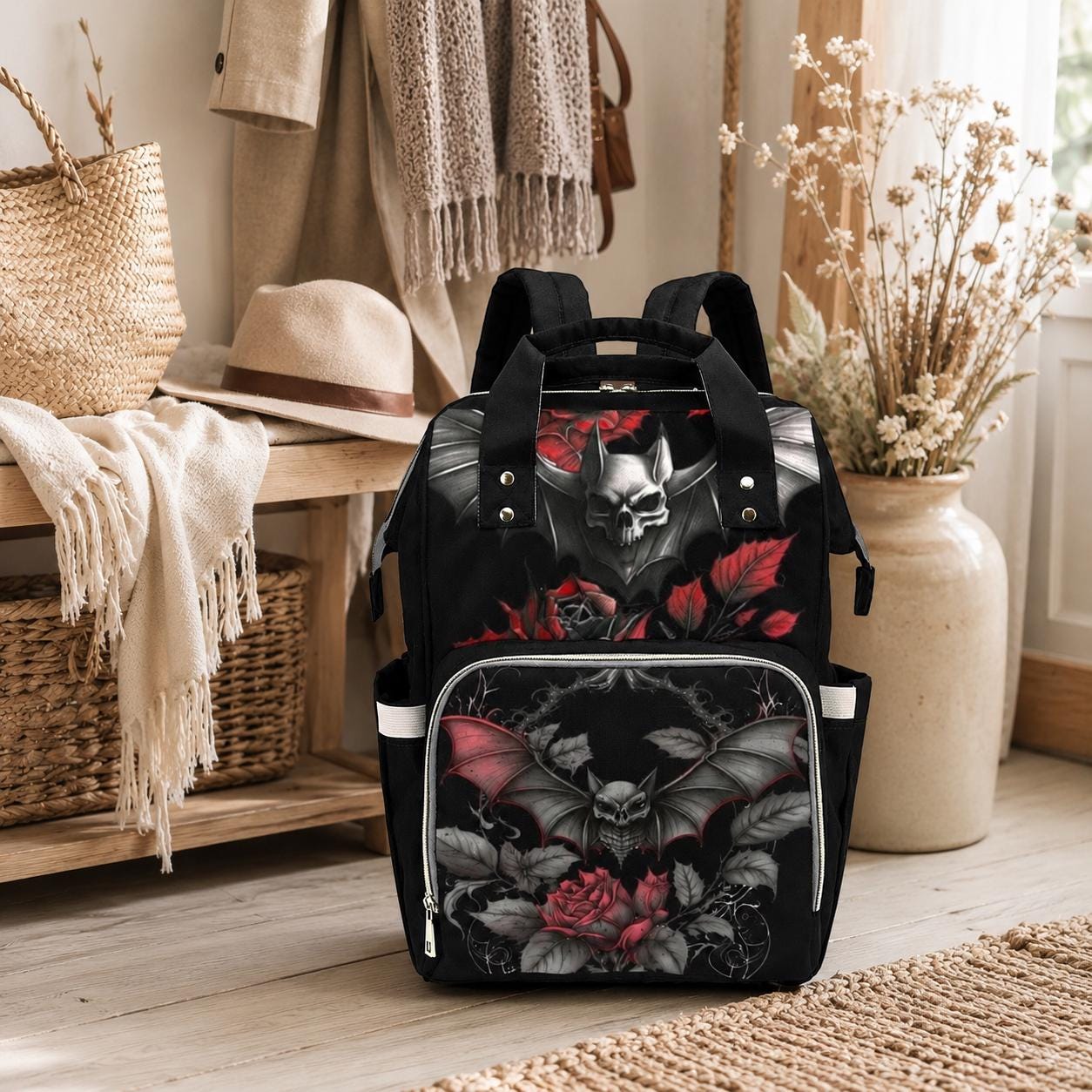 Bat Diaper Bag Backpack, Dark Rose Mom Bag, Nursery Travel Organizer