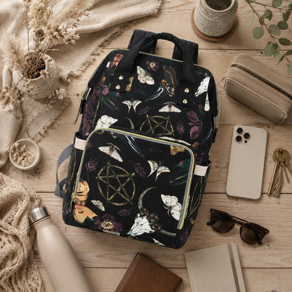 Witchy Diaper Bag Backpack, Moth Print Baby Bag, Mystic Nursery Organizer