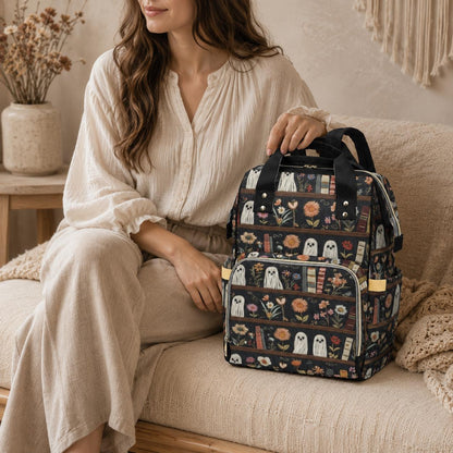 Ghost Diaper Bag Backpack, Floral Bookshelf Baby Travel Bag, Bookish Mom Backpack