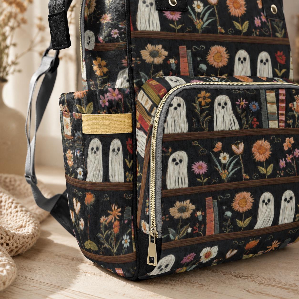 Ghost Diaper Bag Backpack, Floral Bookshelf Baby Travel Bag, Bookish Mom Backpack