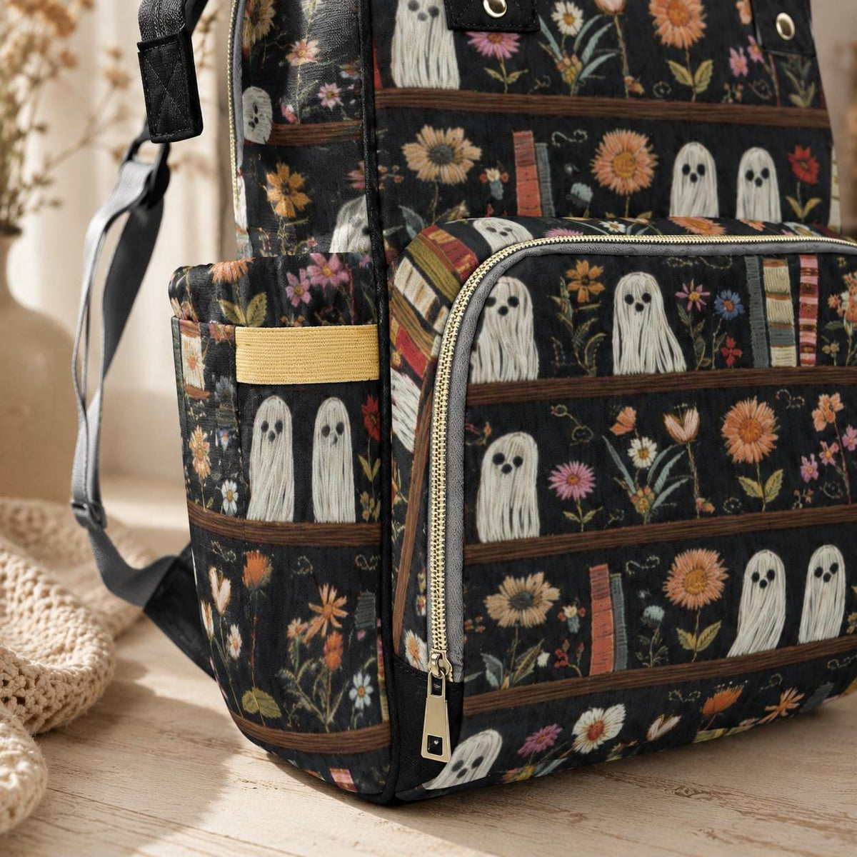 Ghost Diaper Bag Backpack, Floral Bookshelf Baby Travel Bag, Bookish Mom Backpack