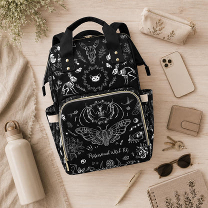 Occult Diaper Bag Backpack, Monochrome Witchy Mom Bag, Mystical Baby Travel Backpack