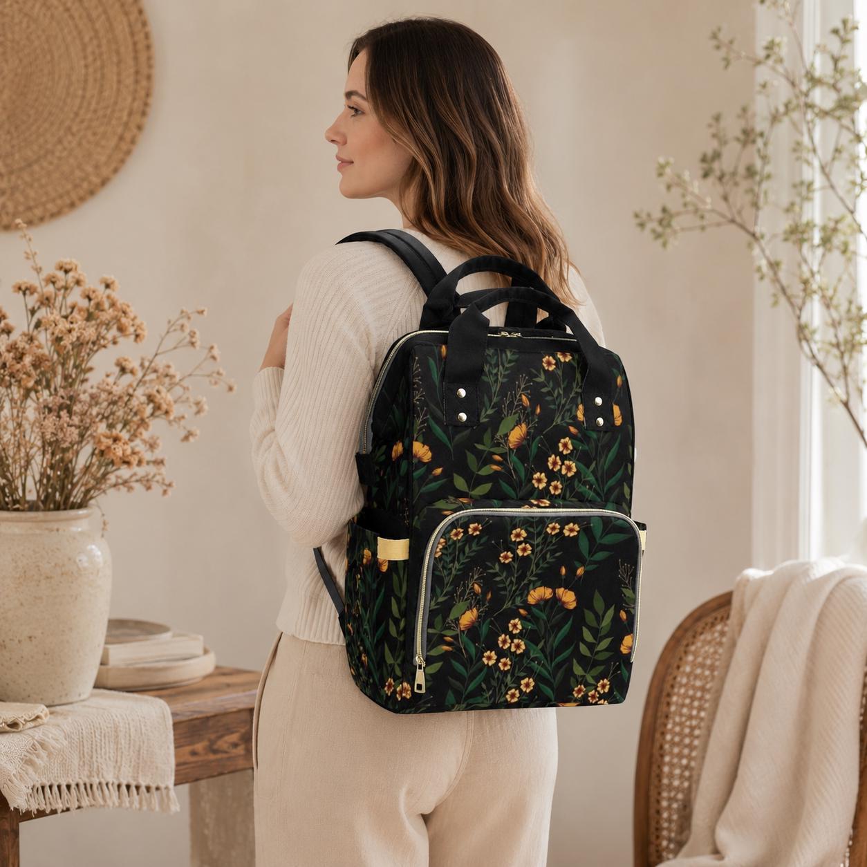Dark Floral Diaper Backpack, Witchy Botanical Baby Travel Organizer, Cottagecore Mom Bag