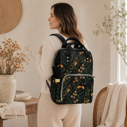 Dark Floral Diaper Backpack, Witchy Botanical Baby Travel Organizer, Cottagecore Mom Bag