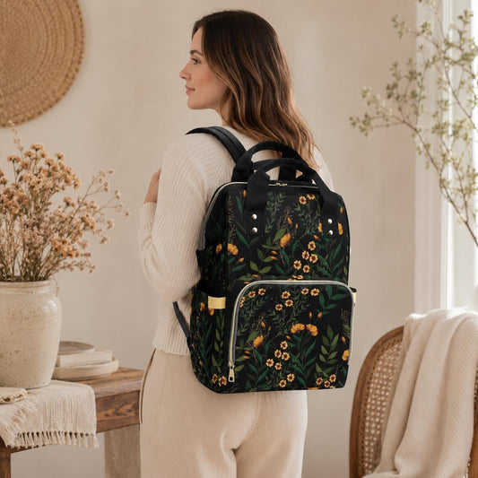 Dark Floral Diaper Backpack, Witchy Botanical Baby Travel Organizer, Cottagecore Mom Bag