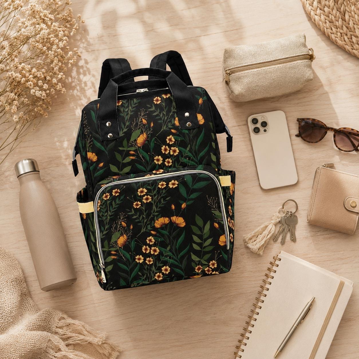 Dark Floral Diaper Backpack, Witchy Botanical Baby Travel Organizer, Cottagecore Mom Bag