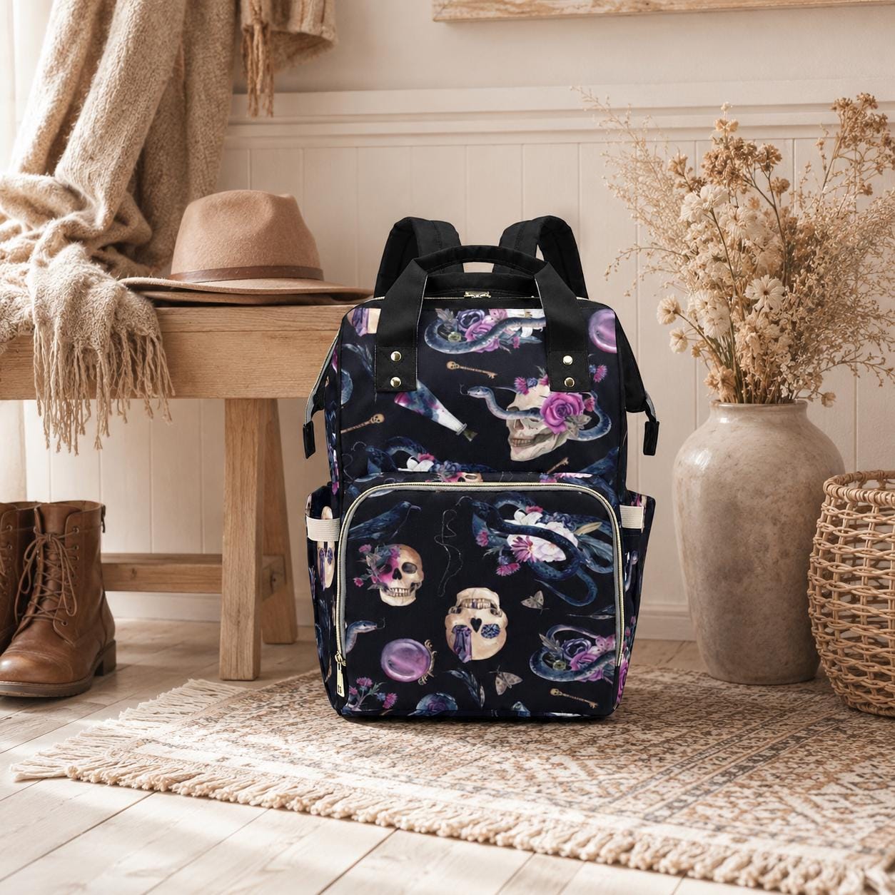 Gothic Diaper Backpack, Snake Skull Baby Bag, Alternative Mom Backpack Organizer