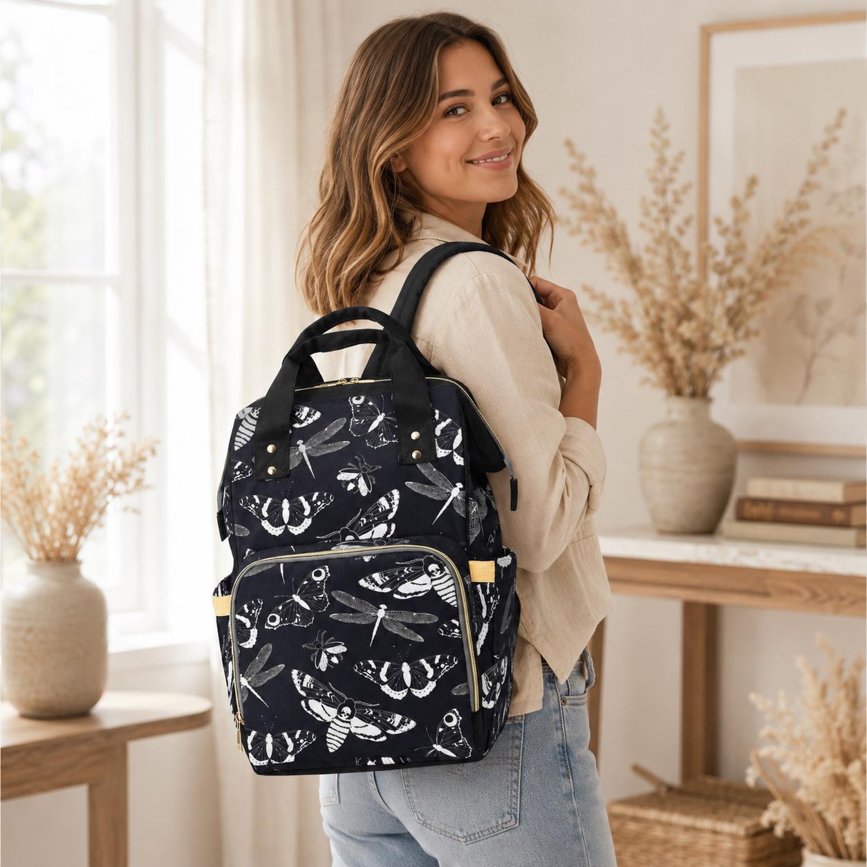 Diaper Bag Backpack, Insect Print Baby Travel Bag, Moth Dragonfly Mom Backpack