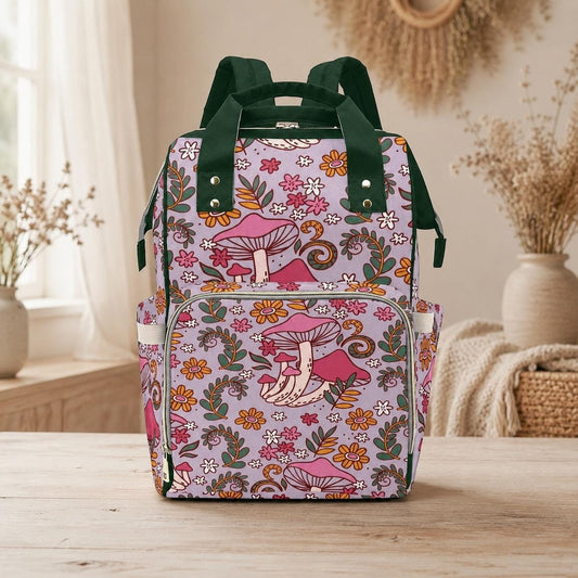 Pink mushroom floral backpack, retro flower baby diaper bag, cute whimsical mom tote,fairycore toddler backpack,cottagecore witchy gift idea