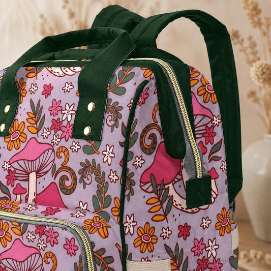 Pink mushroom floral backpack, retro flower baby diaper bag, cute whimsical mom tote,fairycore toddler backpack,cottagecore witchy gift idea
