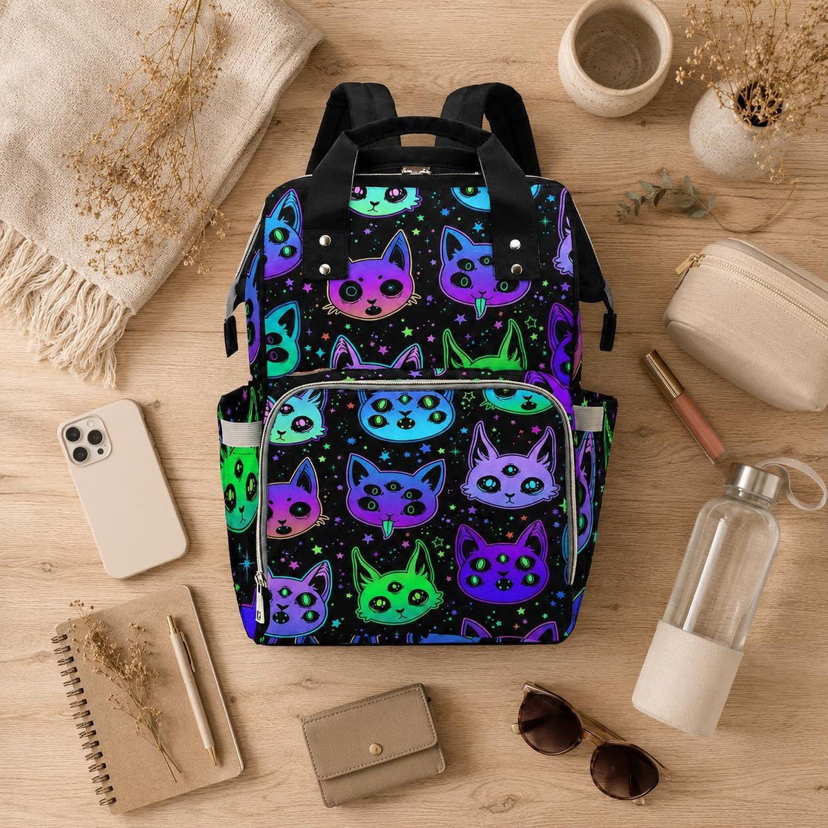 Diaper bag backpack with neon cats, mom travel bag, baby organizer backpack