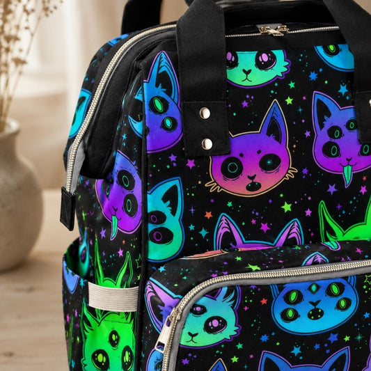 Diaper bag backpack with neon cats, mom travel bag, baby organizer backpack