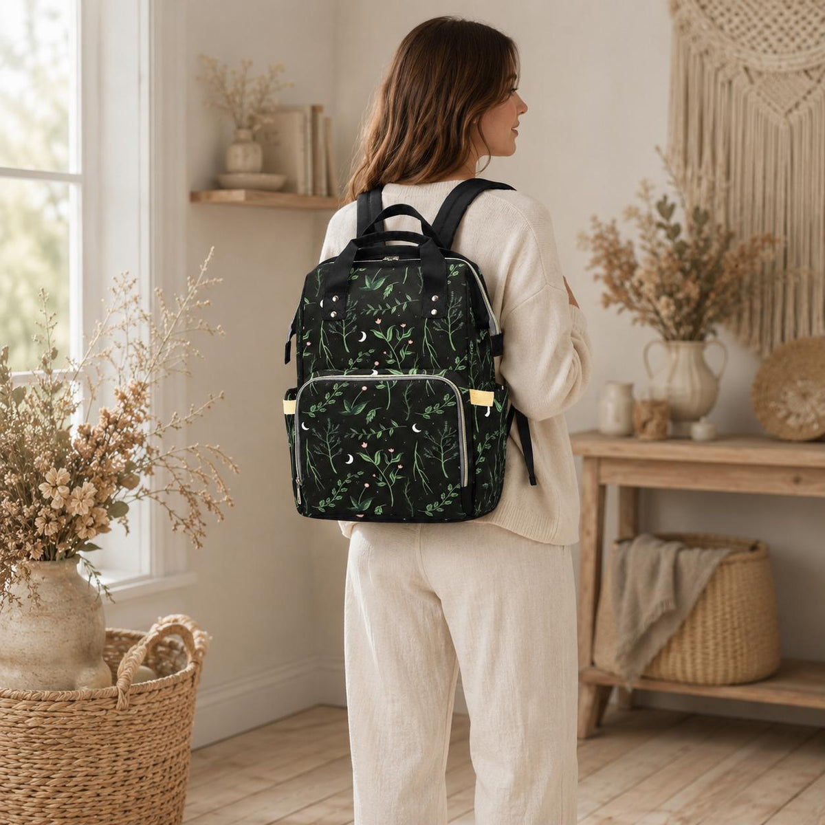 Diaper Backpack with Moon Floral Print, Baby Travel Bag, Mom Backpack