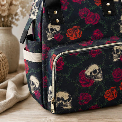 Skull Rose Diaper Bag Backpack with Dark Floral Print for Edgy Moms