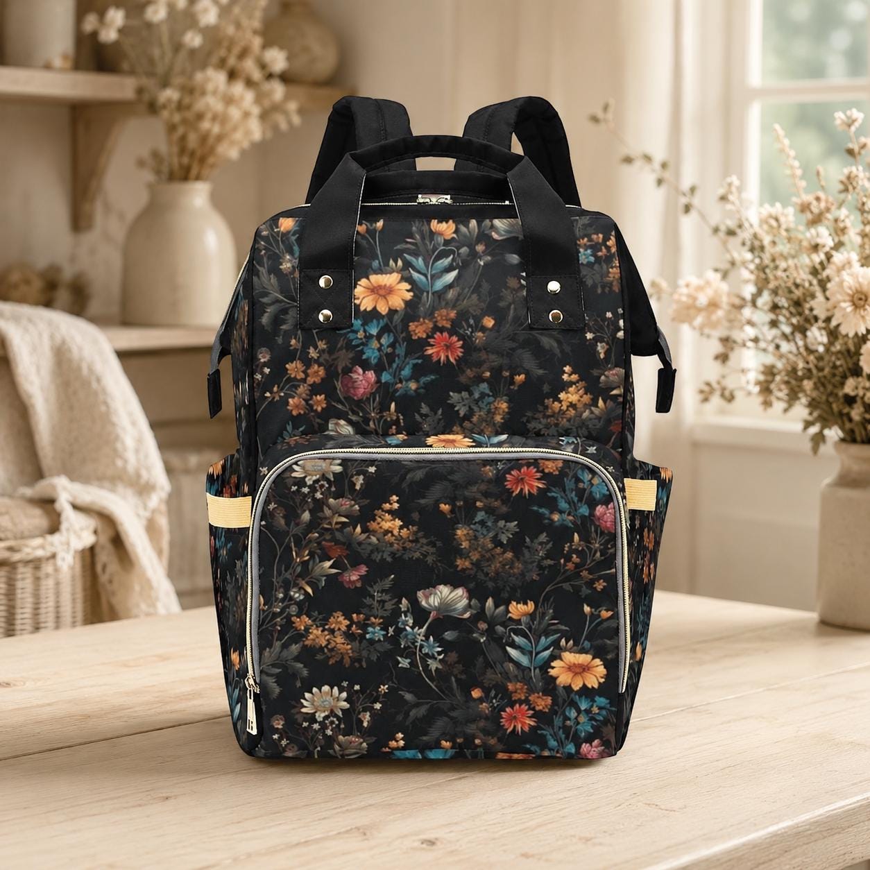 Vintage Floral Diaper Backpack Dark Wildflower Baby Bag for Boho Moms