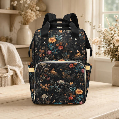 Vintage Floral Diaper Backpack Dark Wildflower Baby Bag for Boho Moms
