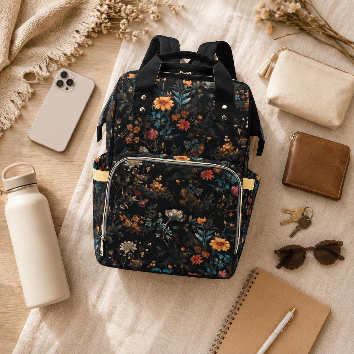 Vintage Floral Diaper Backpack Dark Wildflower Baby Bag for Boho Moms
