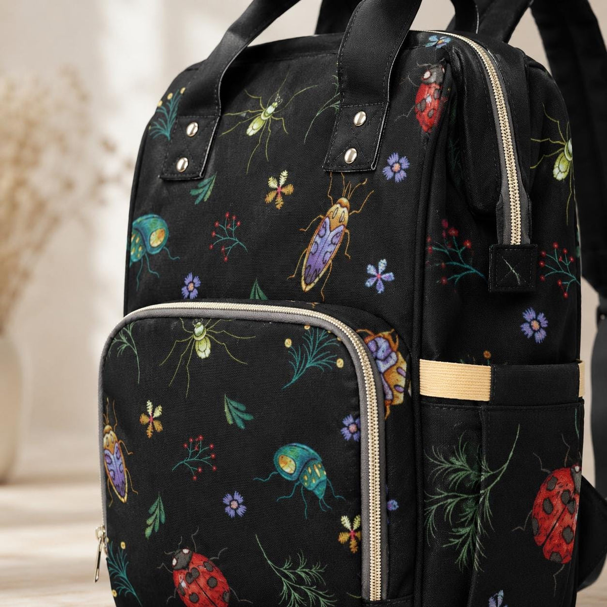 Diaper Bag Backpack with Bug Print, Mom Travel Backpack, Nursery Organizer