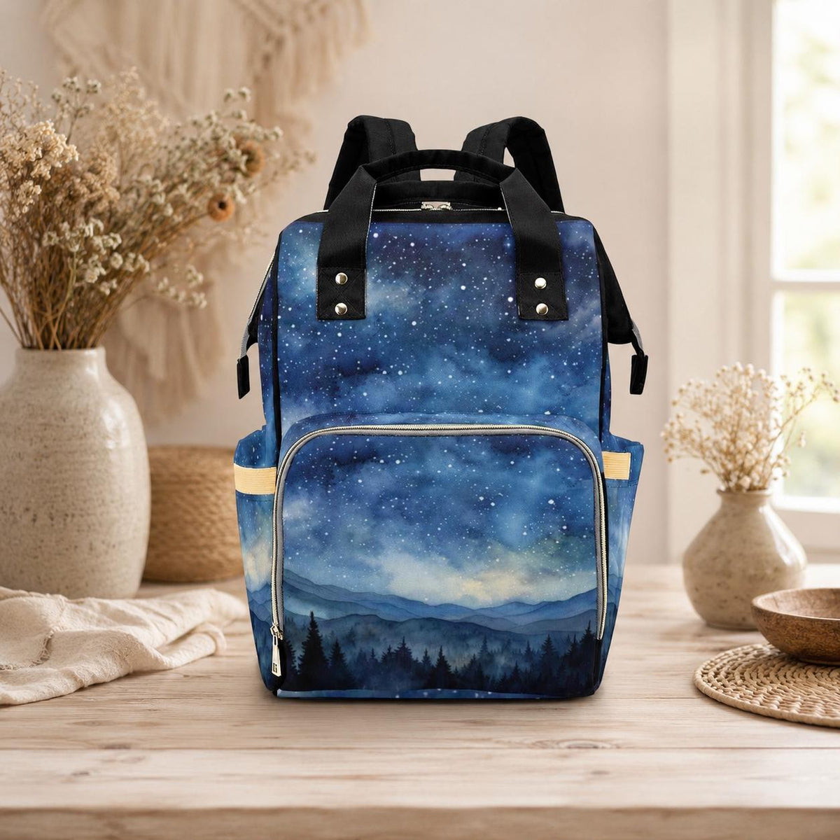 Mountain Diaper Bag Backpack with Night Sky Print, Woodland Baby Bag, Mom Backpack