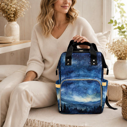 Mountain Diaper Bag Backpack with Night Sky Print, Woodland Baby Bag, Mom Backpack