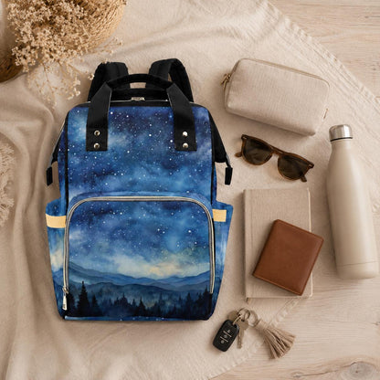 Mountain Diaper Bag Backpack with Night Sky Print, Woodland Baby Bag, Mom Backpack