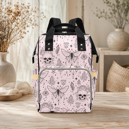 Goth Diaper Bag Backpack, Moth Skull Baby Travel Bag for Witchy Moms