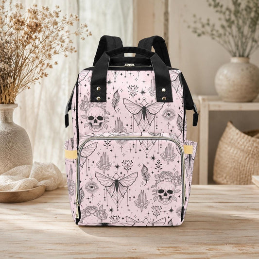 Goth Diaper Bag Backpack, Moth Skull Baby Travel Bag for Witchy Moms