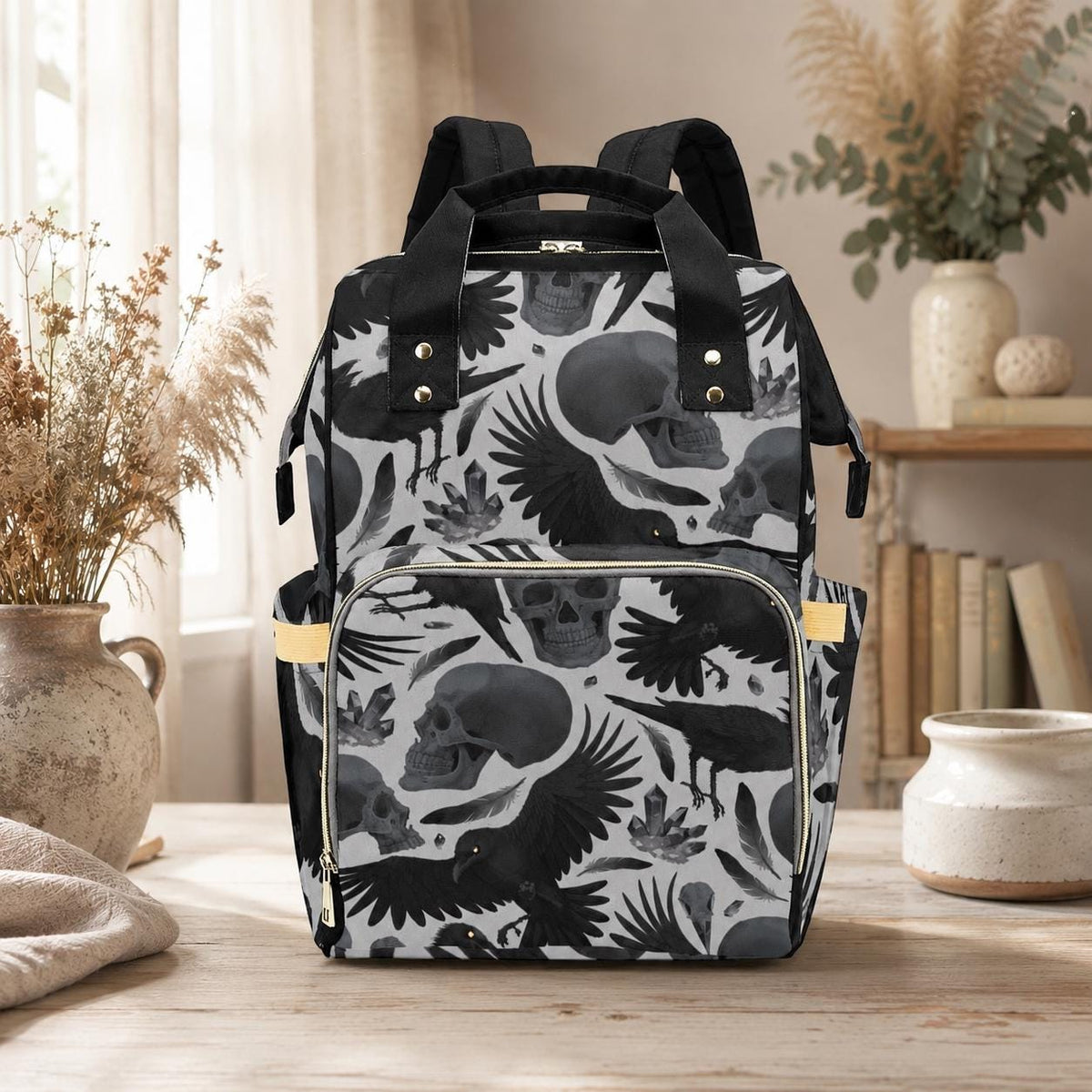Diaper Bag Backpack, Raven Skull Goth Mom Backpack, Baby Travel Nursery Organizer