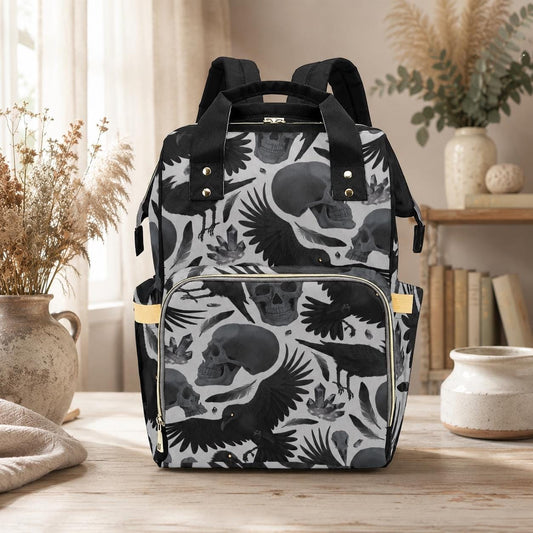 Diaper Bag Backpack, Raven Skull Goth Mom Backpack, Baby Travel Nursery Organizer