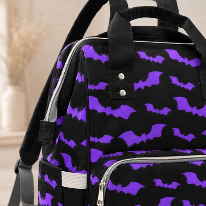 Purple Bats Diaper Backpack, Goth Mom Baby Bag, Spooky Organizer Gift Idea