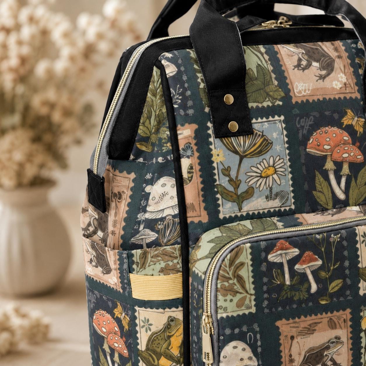 Frog Diaper Bag Backpack, Nature Stamp Baby Bag, Nursery Organizer, Practical Mom Pack