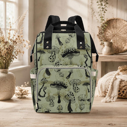 Mushroom Diaper Backpack, Woodland Baby Travel Bag, Sage Green Mom Bag