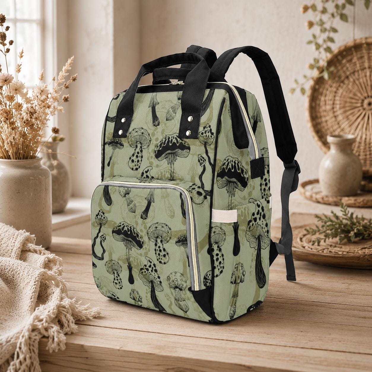 Mushroom Diaper Backpack, Woodland Baby Travel Bag, Sage Green Mom Bag