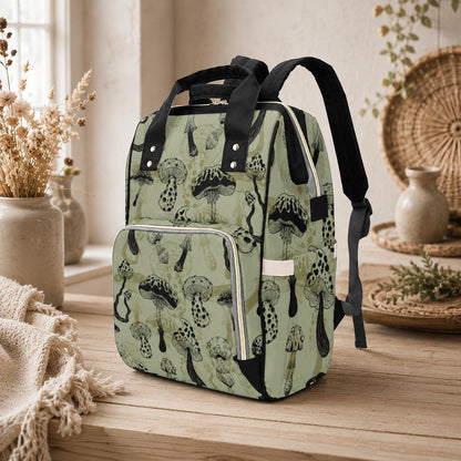 Mushroom Diaper Backpack, Woodland Baby Travel Bag, Sage Green Mom Bag
