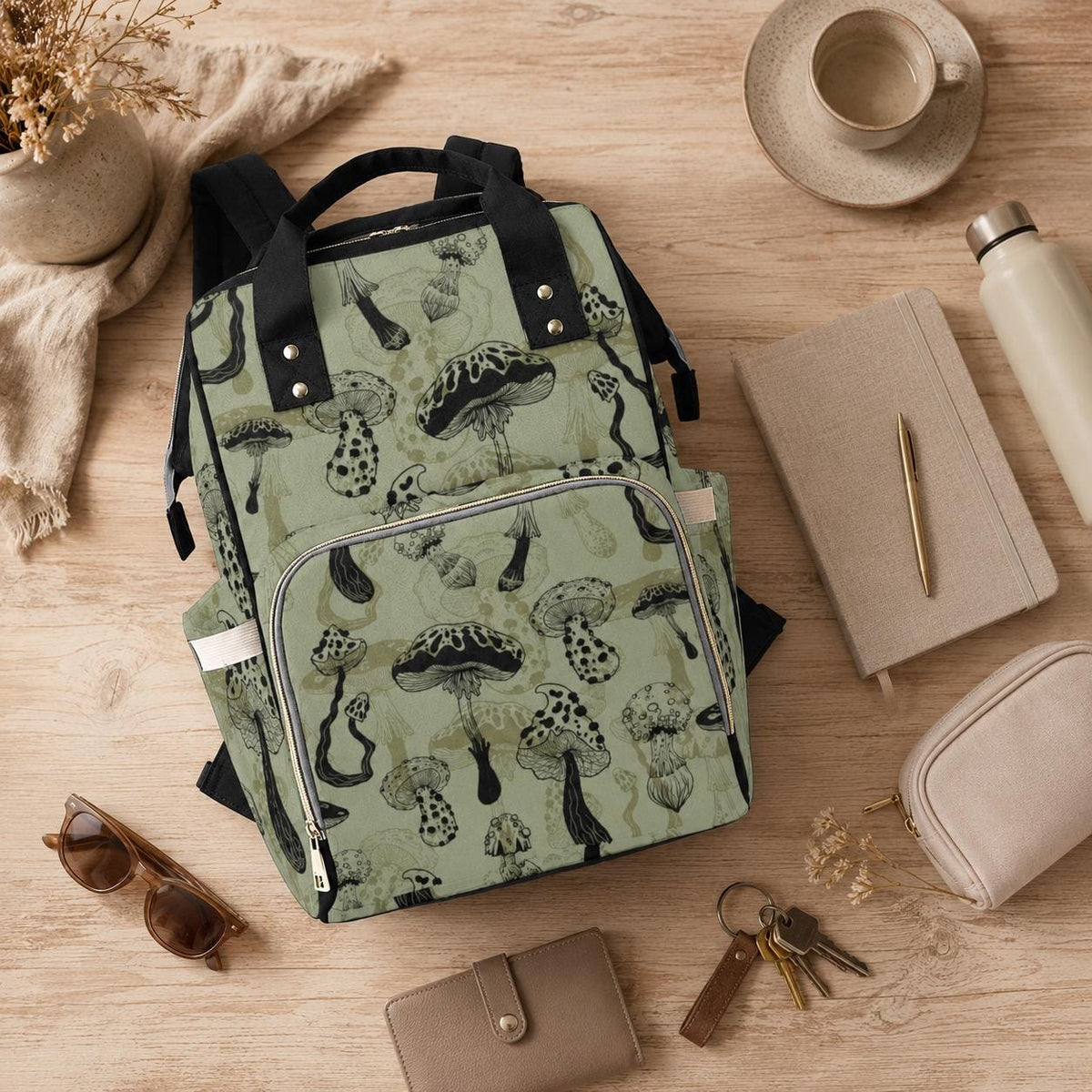 Mushroom Diaper Backpack, Woodland Baby Travel Bag, Sage Green Mom Bag