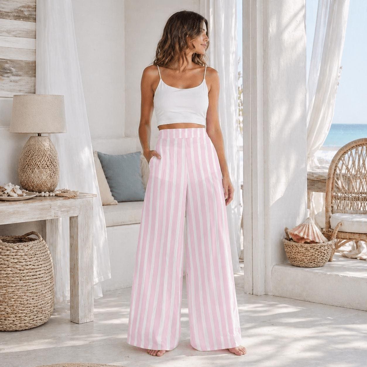 Pink Striped Wide Leg Pants, Coastal Summer Trousers, Breezy Vacation Resort Wear