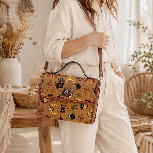 Mystic symbols purse, boho witchy bag with palm hand print, celestial crossbody bag